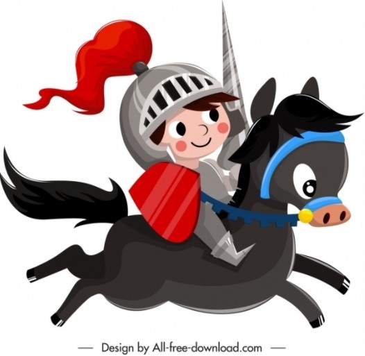 A child wearing knight's armor riding a black horse.