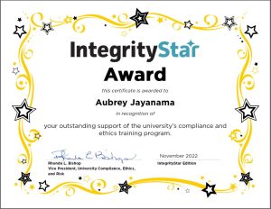 Integrity star award awarded to Aubrey Jayanama