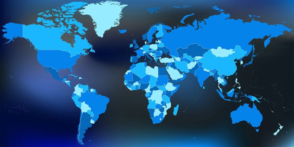 World map with countries in various blue colors.