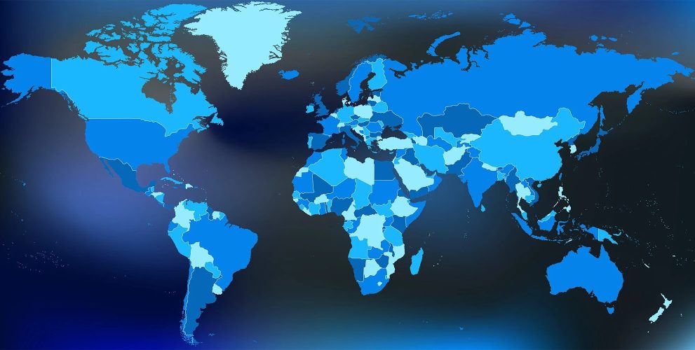 World map with countries in various blue colors.