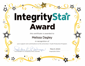 IntegrityStar Award certificate given to Melissa Dagley