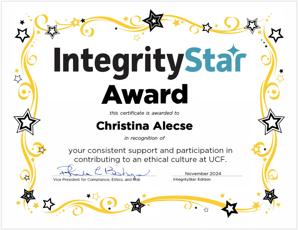 Integritystar award certificate for Christina Alecse