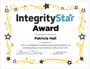 Integritystar award certificate for Patricia Hall