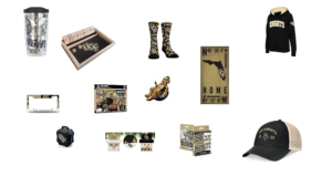 A collage of UCF swag items such as hats, license plate holders, playing cards, games, socks, tumblers, etc.