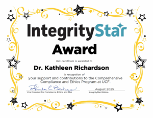 IntegrityStar Award Certificate given to Dr. Kathleen Richardson.