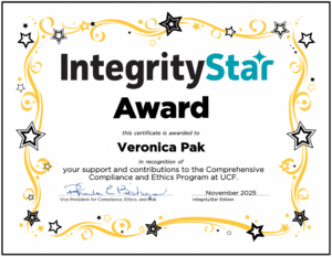 IntegrityStar Award Certificate given to Veronica Pak.