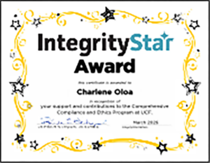 IntegrityStar Award Certificate given to Charlene Oloa.
