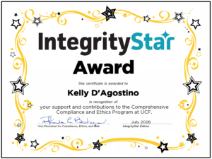 IntegrityStar Award Certificate given to Kelly D'Agostino.